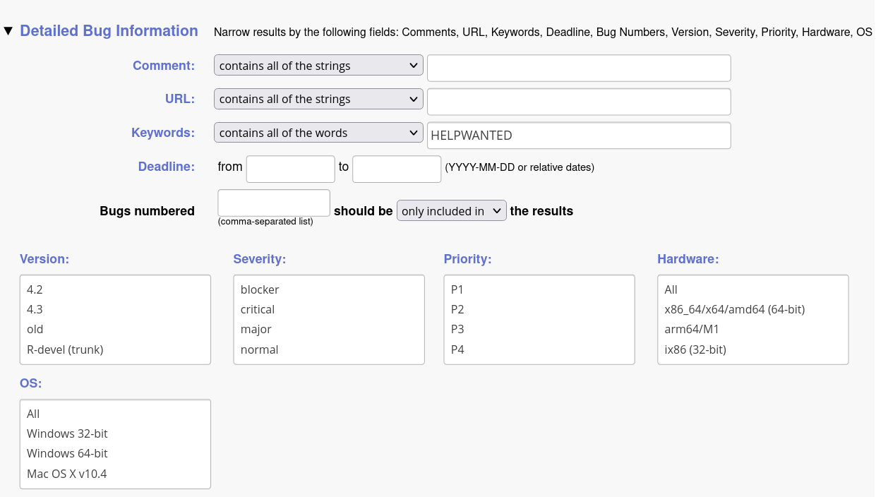 Screenshot of expanded Detailed Bug Information section showing the following fields: Comment, URL, Keywords (with HELPWANTED entered), Deadline, inclusion/exclusion of bug numbers, Version, Severity, Priority, Hardware, and OS