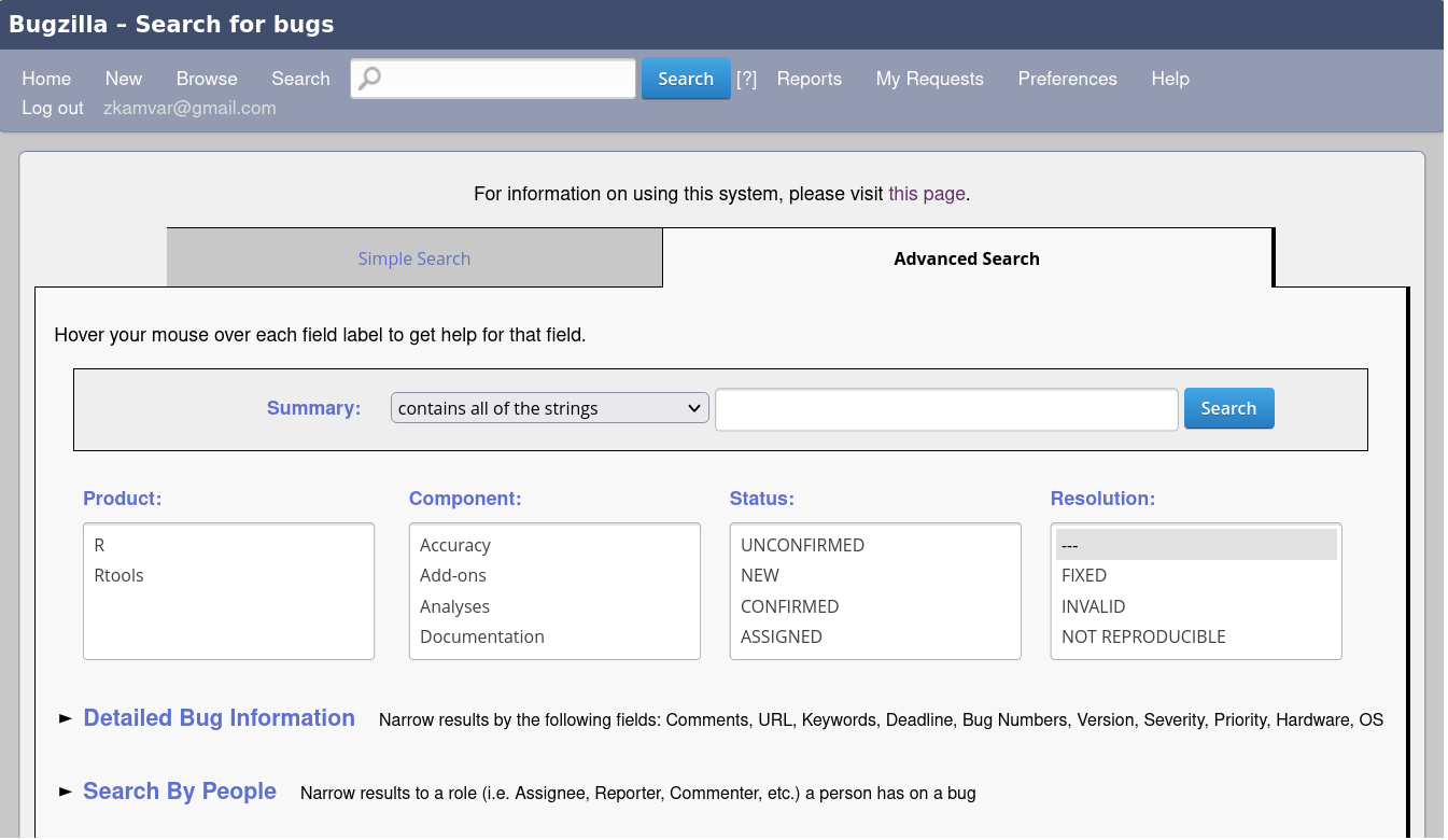 Screenshot of Advanced Search page showing the following fields: Summary, Product, Component, Status, Resolution