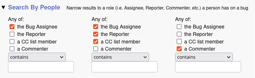 Screenshot of expanded Search By People section showing three fields allowing you to enter a person’s name who can be any of the bug assignee, the reporter, a CC list member, or a commenter