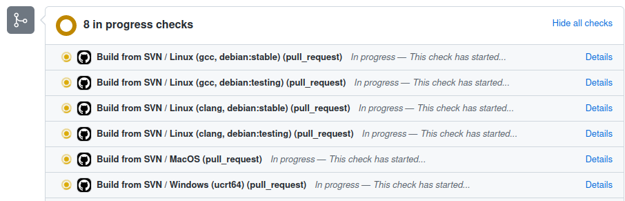 Screenshot of the checks triggered by opening the pull request
