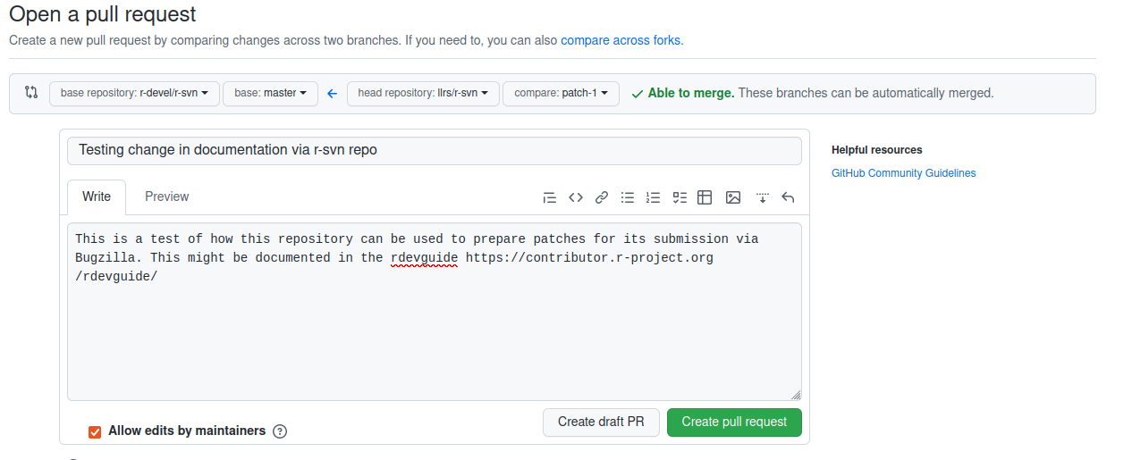Screenshot of the message and content while opening a pull requests for the r-svn repository