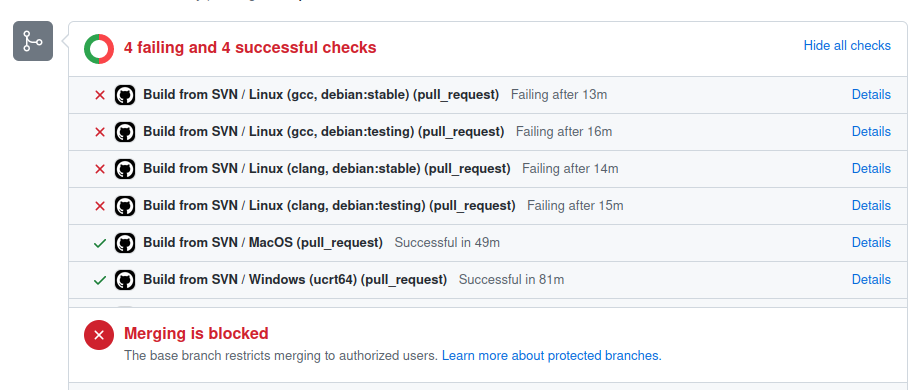 Screenshot of the results of the Github checks in the r-svn mirror