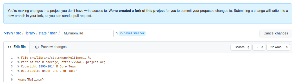 Screenshot of the file src/library/stats/man/Mulinom.Rd being edited via the Github interface