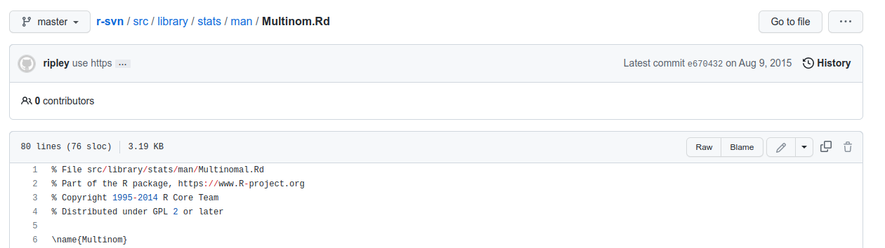 Screenshot of the heading of the src/library/stats/man/Mulinom.Rd